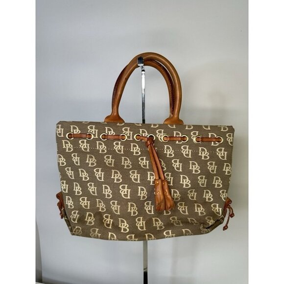 Dooney & Bourke Handbags - Dooney Bourke Designer Handbag Beige And Brown Canvas Bag With Tassels